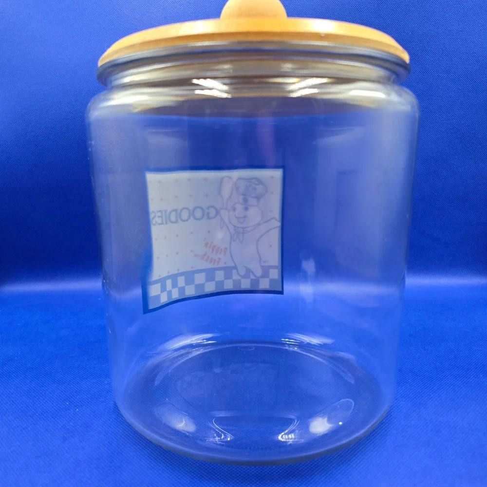 Vintage Pillsbury Doughboy Poppin Glass Canister Cookie Jar Wood Collector